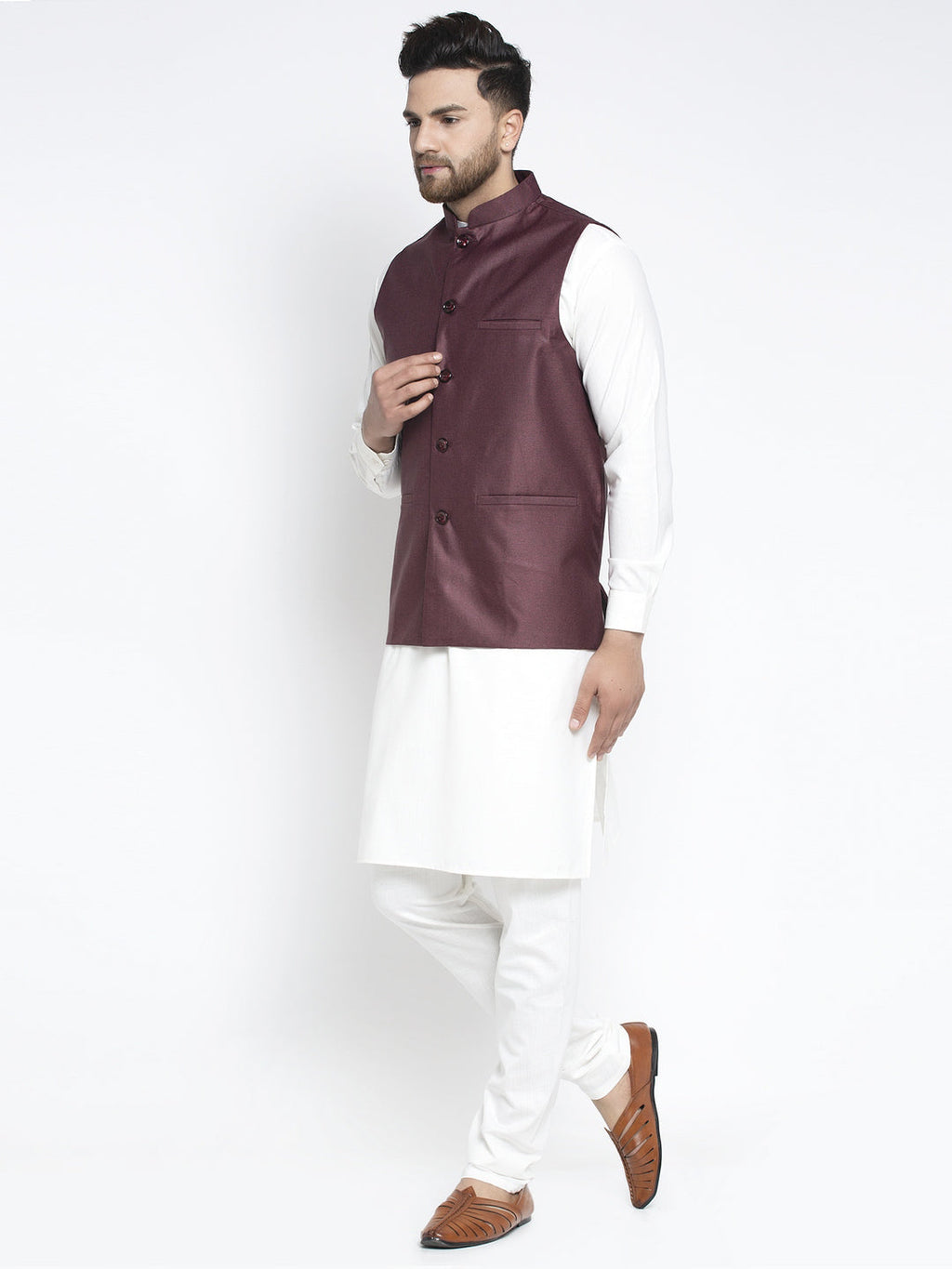 Jompers Men's Solid White Cotton Kurta Payjama with Solid Maroon Waistcoat(Maroon) - Distacart