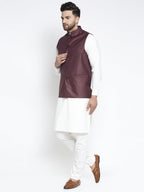 Jompers Men's Solid White Cotton Kurta Payjama with Solid Maroon Waistcoat(Maroon) - Distacart