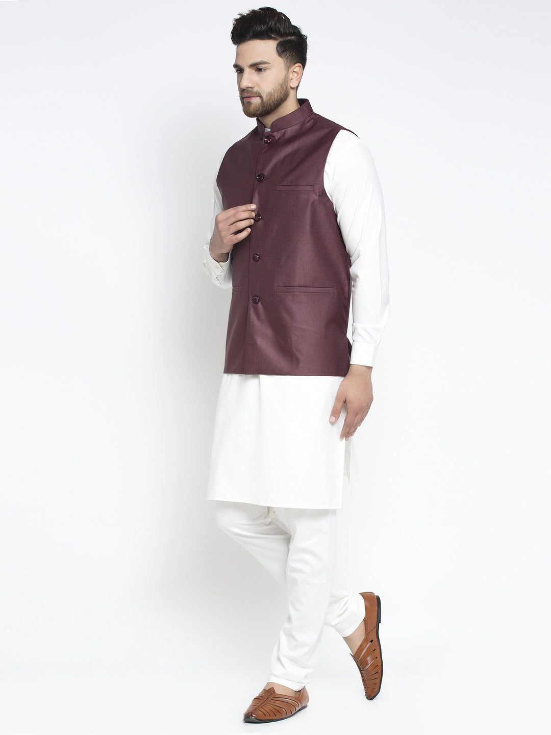 Jompers Men's Solid White Cotton Kurta Payjama with Solid Maroon Waistcoat(Maroon) - Distacart