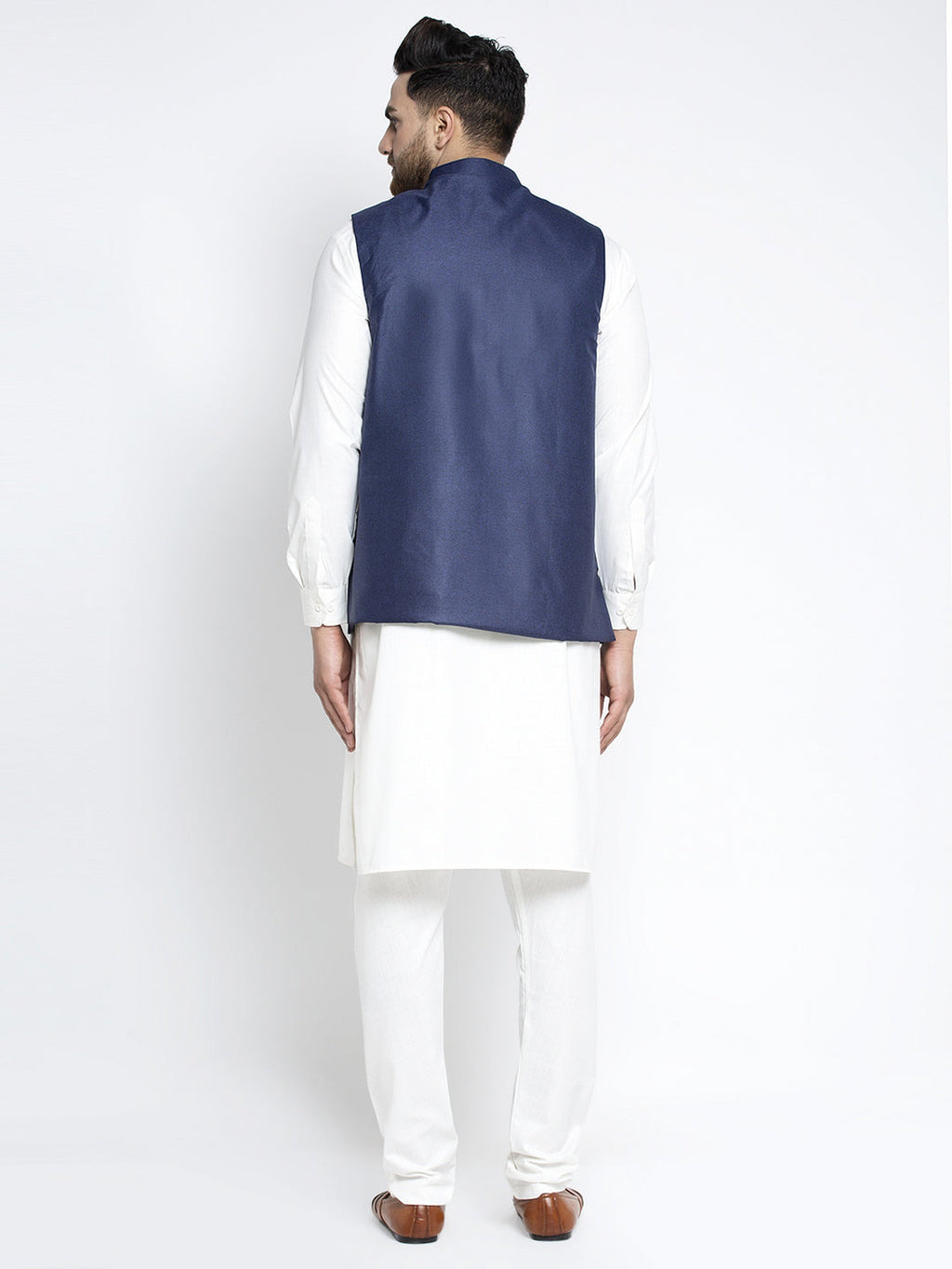 Jompers Men's Solid White Cotton Kurta Payjama with Solid Navy Waistcoat(Navy) - Distacart