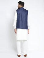 Jompers Men's Solid White Cotton Kurta Payjama with Solid Navy Waistcoat(Navy) - Distacart