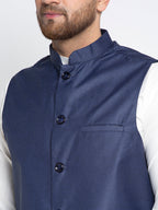 Jompers Men's Solid White Cotton Kurta Payjama with Solid Navy Waistcoat(Navy) - Distacart