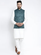 Jompers Men's Solid White Cotton Kurta Payjama with Solid Teal Waistcoat (Teal ) - Distacart