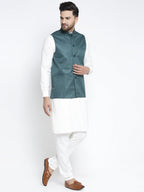 Jompers Men's Solid White Cotton Kurta Payjama with Solid Teal Waistcoat (Teal ) - Distacart