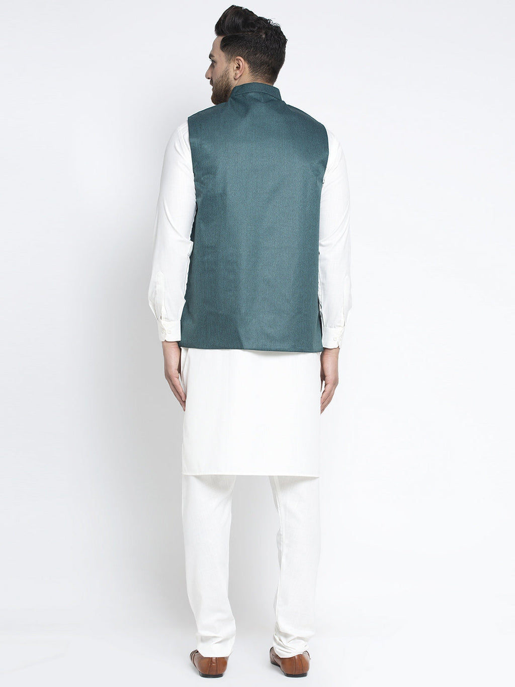 Jompers Men's Solid White Cotton Kurta Payjama with Solid Teal Waistcoat (Teal ) - Distacart