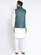 Jompers Men's Solid White Cotton Kurta Payjama with Solid Teal Waistcoat (Teal ) - Distacart
