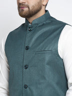 Jompers Men's Solid White Cotton Kurta Payjama with Solid Teal Waistcoat (Teal ) - Distacart