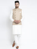 Jompers Men's Solid White Cotton Kurta Payjama with Geometric Waistcoat(Beige) - Distacart