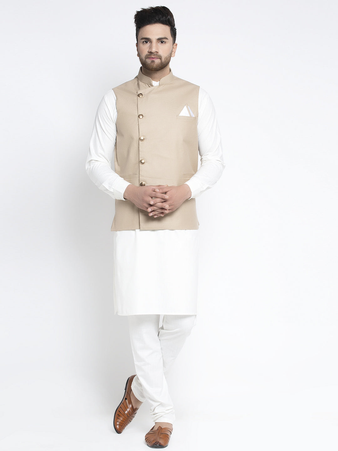 Jompers Men's Solid White Cotton Kurta Payjama with Geometric Waistcoat(Beige) - Distacart