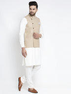 Jompers Men's Solid White Cotton Kurta Payjama with Geometric Waistcoat(Beige) - Distacart