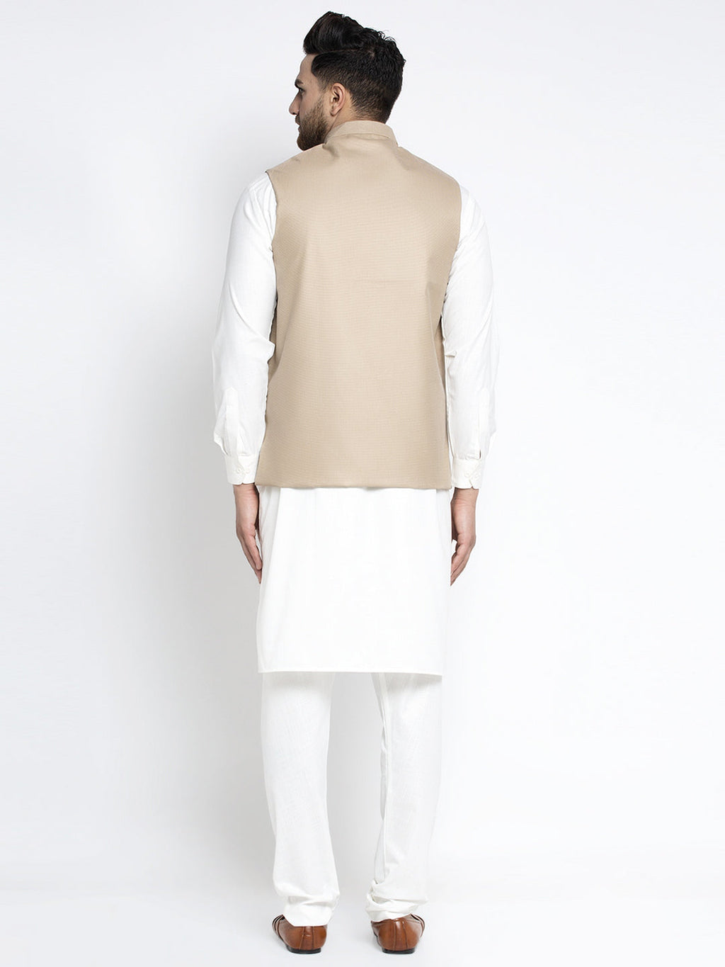 Jompers Men's Solid White Cotton Kurta Payjama with Geometric Waistcoat(Beige) - Distacart
