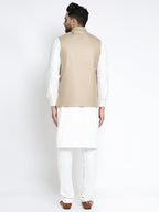 Jompers Men's Solid White Cotton Kurta Payjama with Geometric Waistcoat(Beige) - Distacart