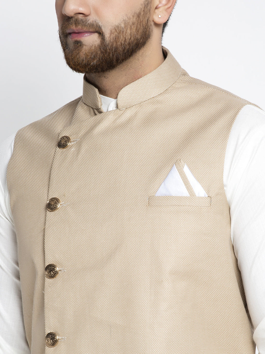 Jompers Men's Solid White Cotton Kurta Payjama with Geometric Waistcoat(Beige) - Distacart
