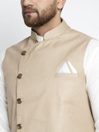 Jompers Men's Solid White Cotton Kurta Payjama with Geometric Waistcoat(Beige) - Distacart
