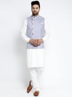 Jompers Men's Solid White Cotton Kurta Payjama with Geometric Waistcoat(Blue) - Distacart