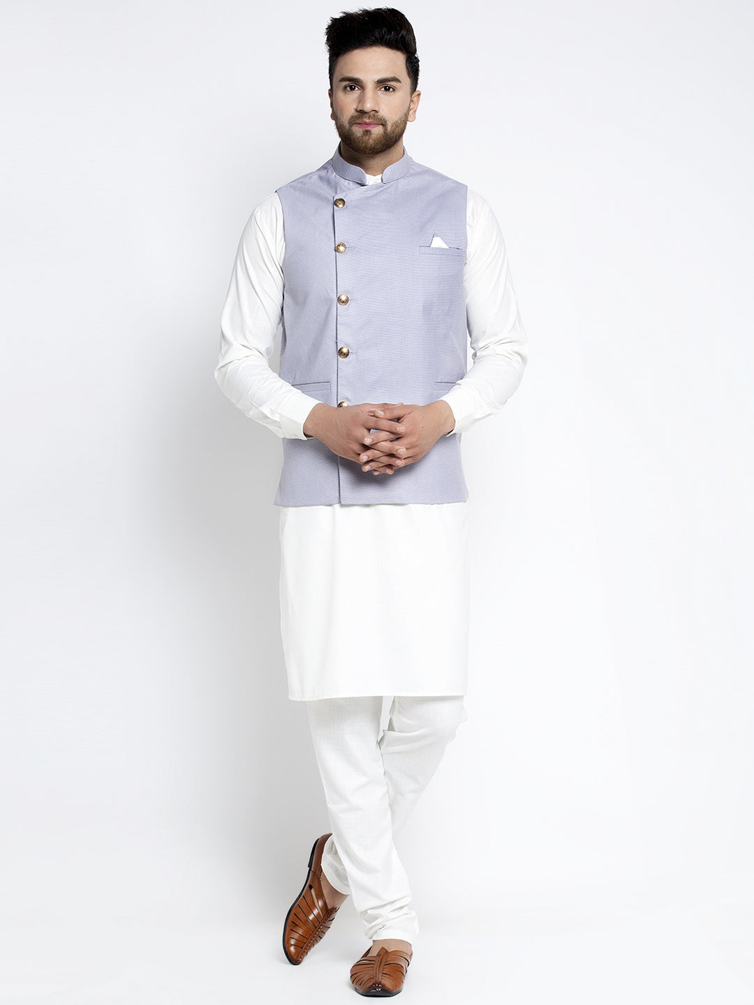Jompers Men's Solid White Cotton Kurta Payjama with Geometric Waistcoat(Blue) - Distacart