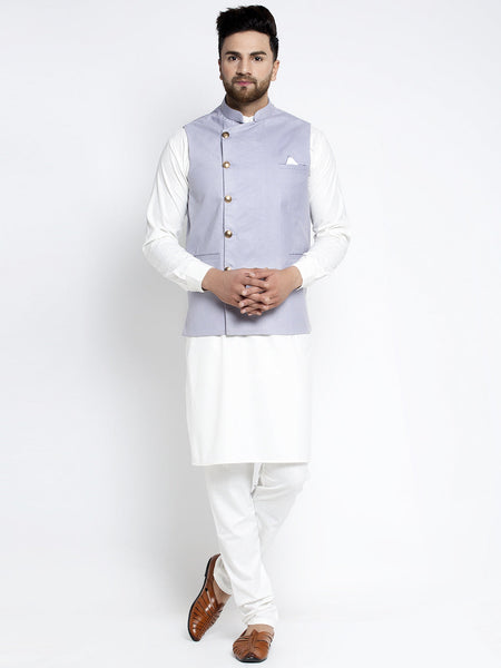 Jompers Men's Solid White Cotton Kurta Payjama with Geometric Waistcoat(Blue)