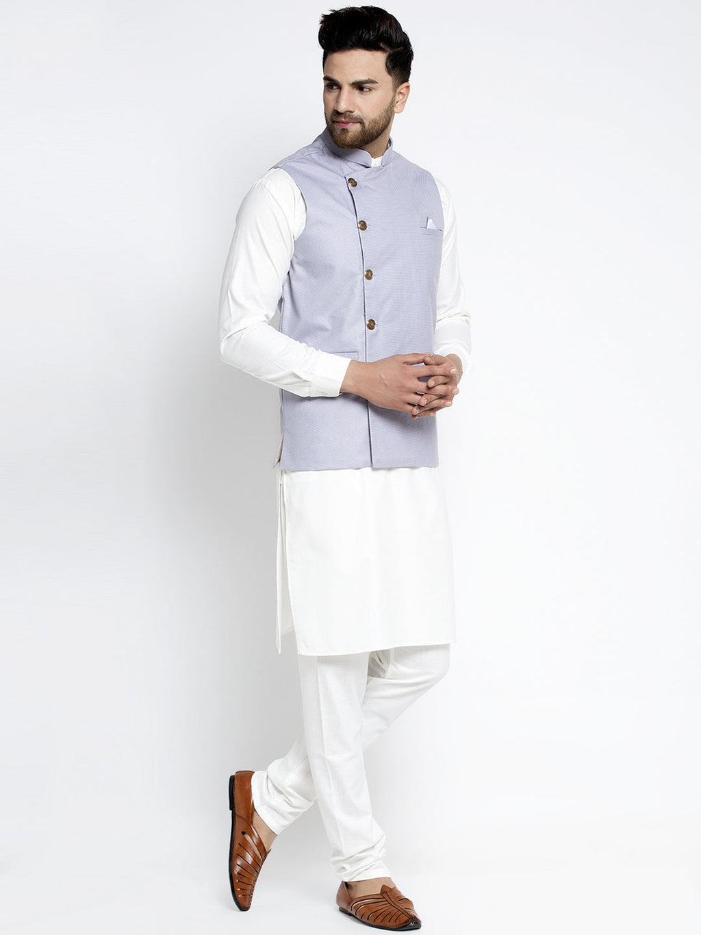 Jompers Men's Solid White Cotton Kurta Payjama with Geometric Waistcoat(Blue) - Distacart
