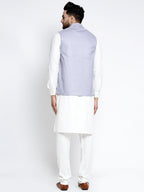 Jompers Men's Solid White Cotton Kurta Payjama with Geometric Waistcoat(Blue) - Distacart
