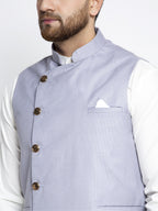 Jompers Men's Solid White Cotton Kurta Payjama with Geometric Waistcoat(Blue) - Distacart