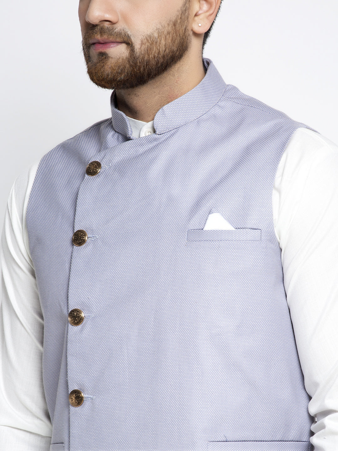 Jompers Men's Solid White Cotton Kurta Payjama with Geometric Waistcoat(Blue) - Distacart