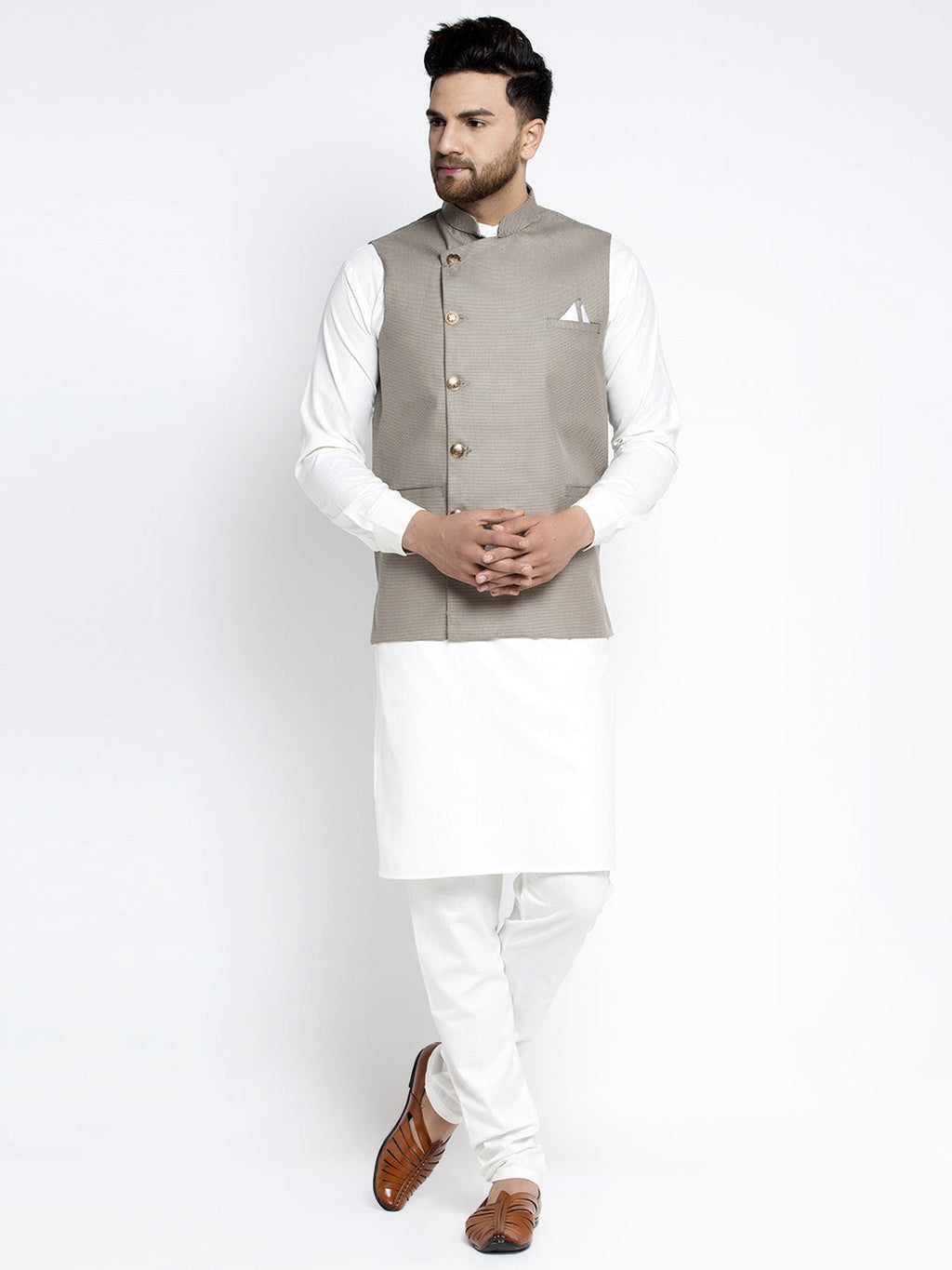 Jompers Men's Solid White Cotton Kurta Payjama with Geometric Waistcoat(Grey) - Distacart