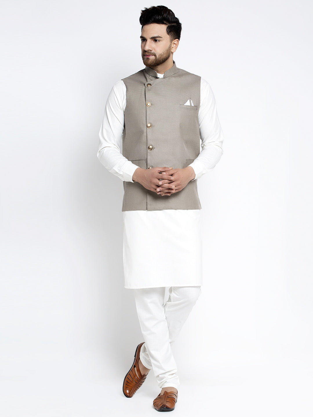 Jompers Men's Solid White Cotton Kurta Payjama with Geometric Waistcoat(Grey) - Distacart