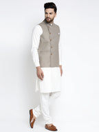 Jompers Men's Solid White Cotton Kurta Payjama with Geometric Waistcoat(Grey) - Distacart