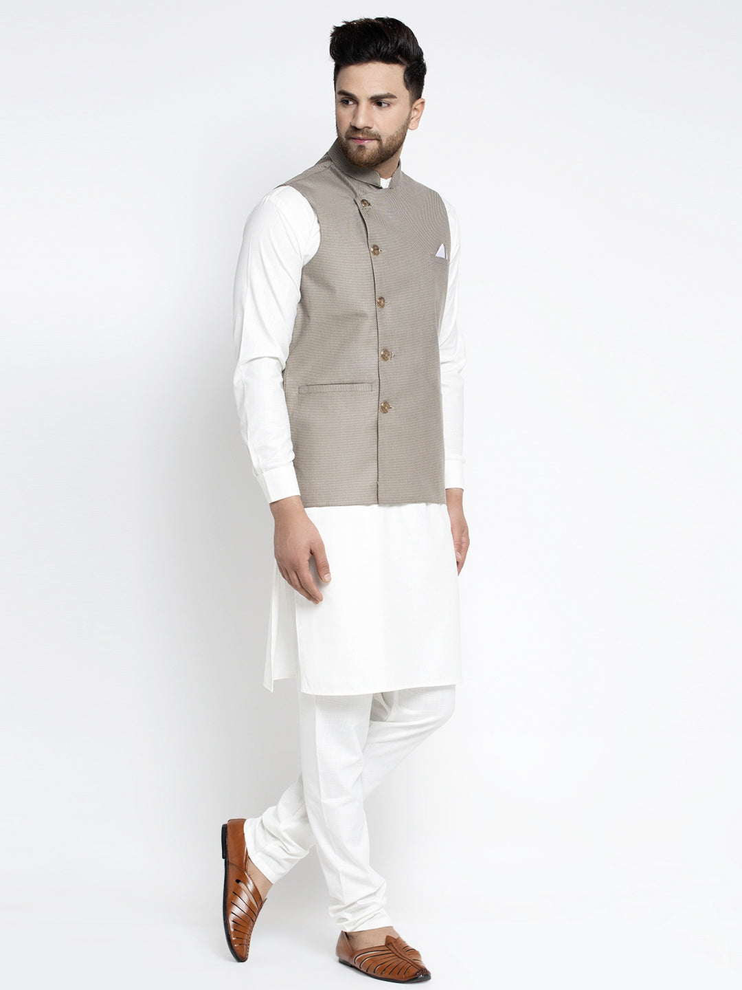 Jompers Men's Solid White Cotton Kurta Payjama with Geometric Waistcoat(Grey) - Distacart