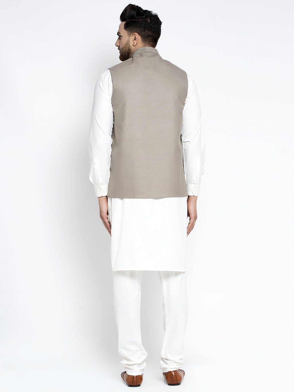 Jompers Men's Solid White Cotton Kurta Payjama with Geometric Waistcoat(Grey) - Distacart
