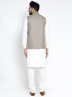 Jompers Men's Solid White Cotton Kurta Payjama with Geometric Waistcoat(Grey) - Distacart