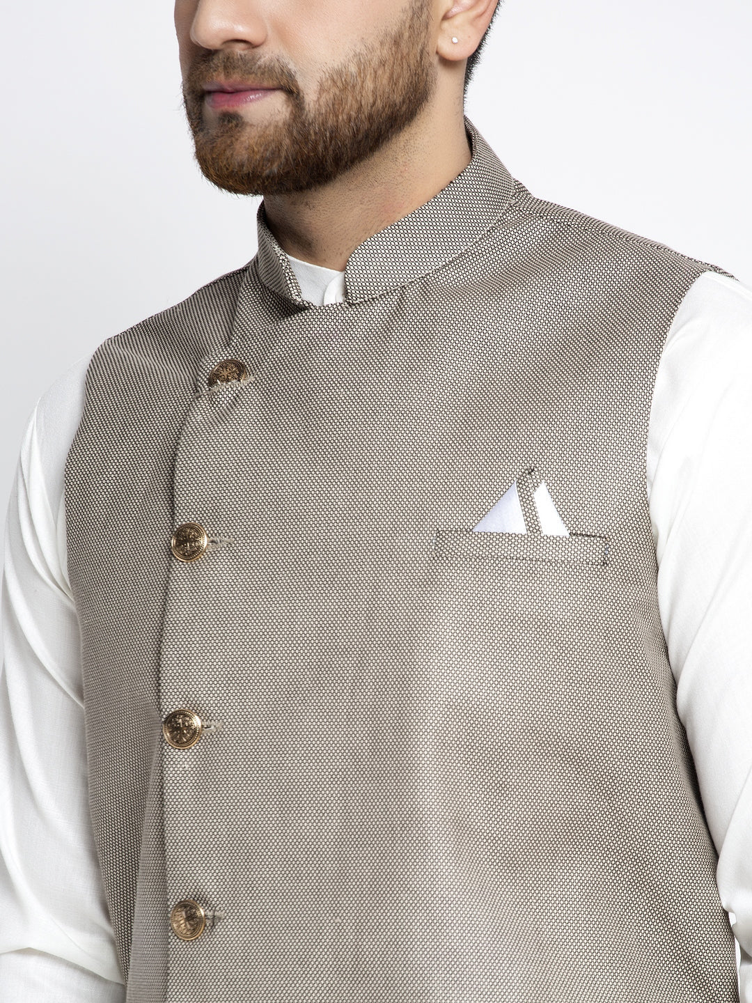 Jompers Men's Solid White Cotton Kurta Payjama with Geometric Waistcoat(Grey) - Distacart