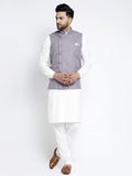 Jompers Men's Solid White Cotton Kurta Payjama with Geometric Waistcoat(Purple) - Distacart