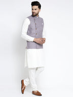 Jompers Men's Solid White Cotton Kurta Payjama with Geometric Waistcoat(Purple) - Distacart