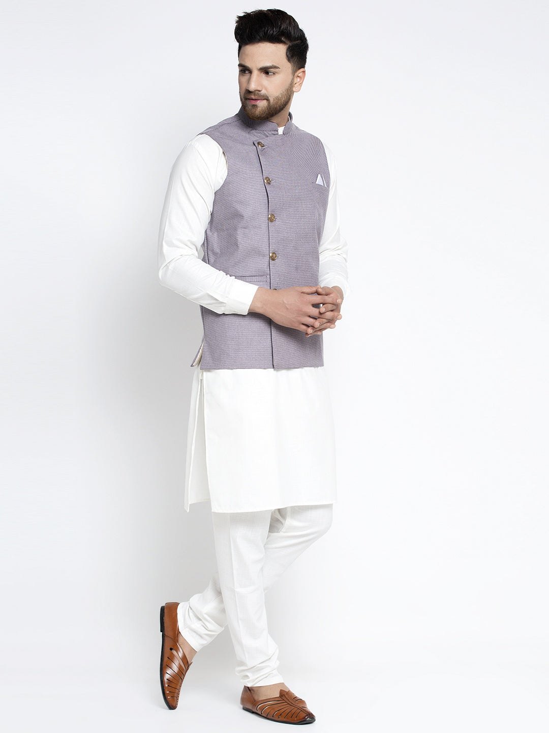 Jompers Men's Solid White Cotton Kurta Payjama with Geometric Waistcoat(Purple) - Distacart