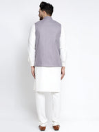 Jompers Men's Solid White Cotton Kurta Payjama with Geometric Waistcoat(Purple) - Distacart
