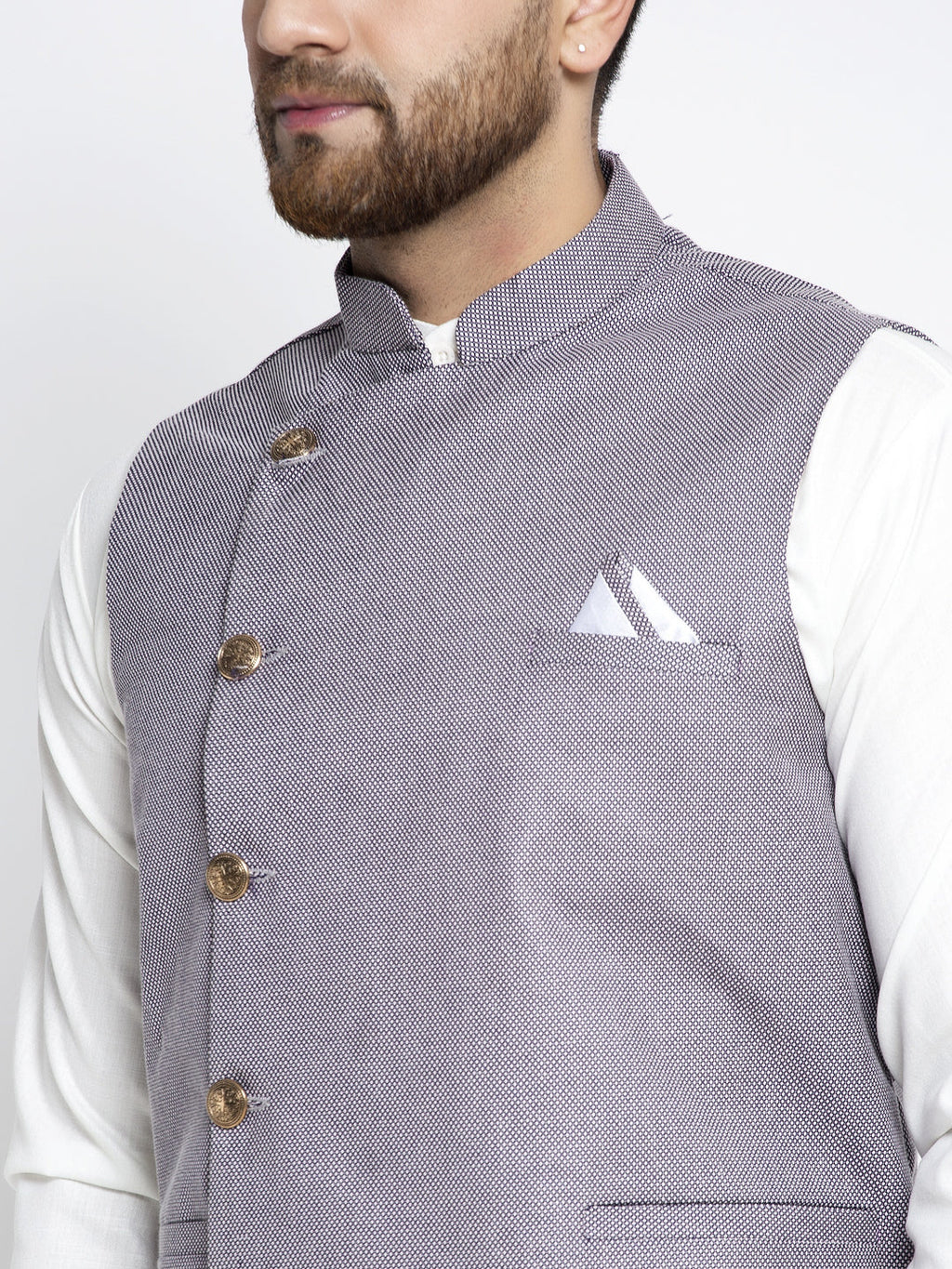 Jompers Men's Solid White Cotton Kurta Payjama with Geometric Waistcoat(Purple) - Distacart