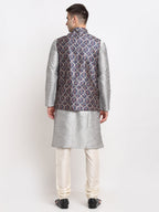 Jompers Men's Silver Dupion Silk Kurta with Churidar &Nehru Jacket(Grey) - Distacart