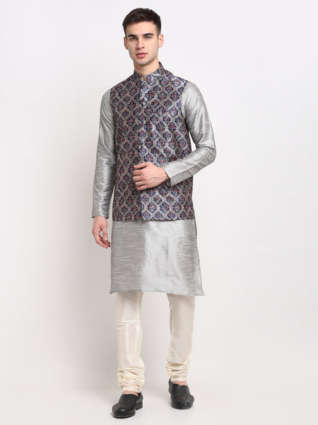 Jompers Men's Silver Dupion Silk Kurta with Churidar &Nehru Jacket(Grey)