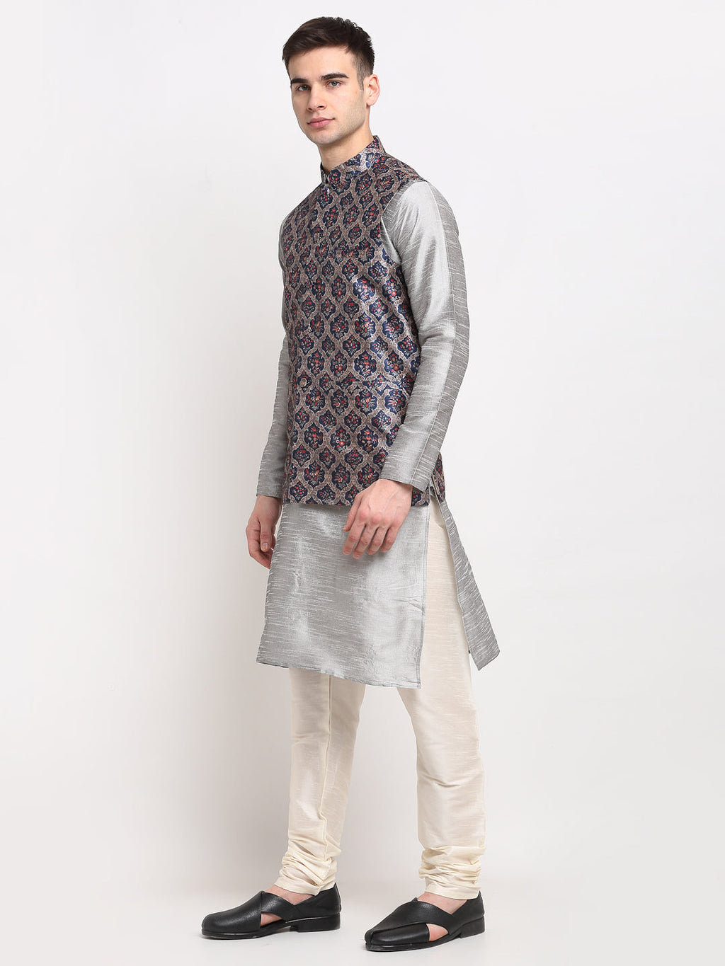 Jompers Men's Silver Dupion Silk Kurta with Churidar &Nehru Jacket(Grey) - Distacart