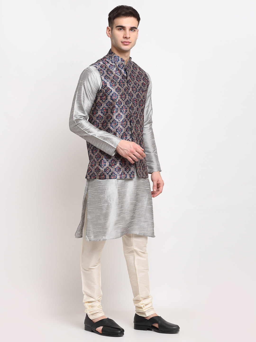 Jompers Men's Silver Dupion Silk Kurta with Churidar &Nehru Jacket(Grey) - Distacart