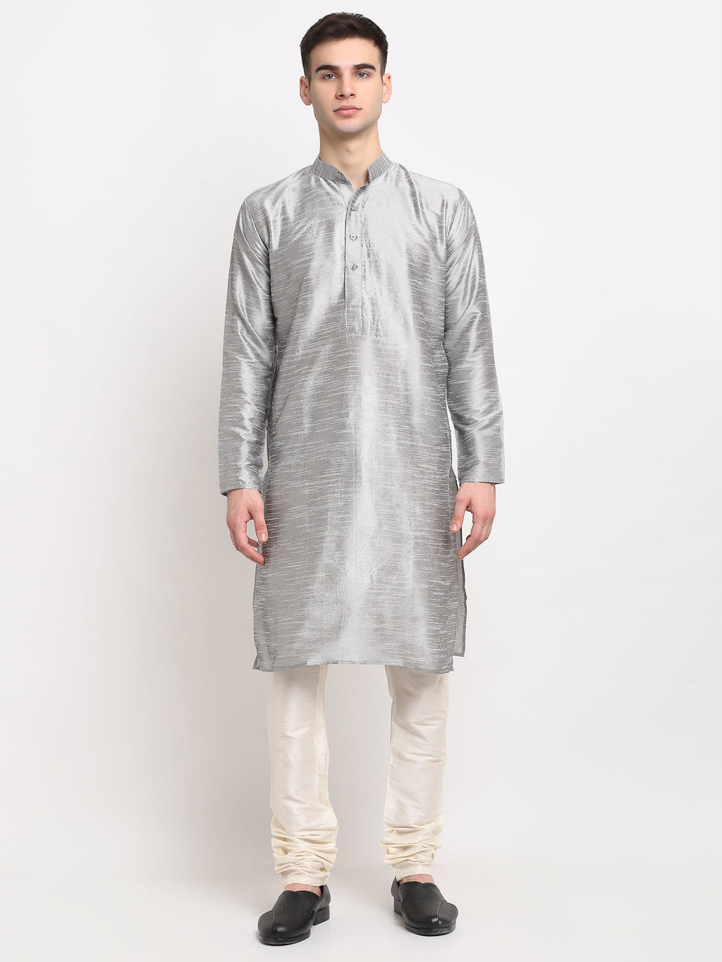 Jompers Men's Silver Dupion Silk Kurta with Churidar &Nehru Jacket(Grey) - Distacart