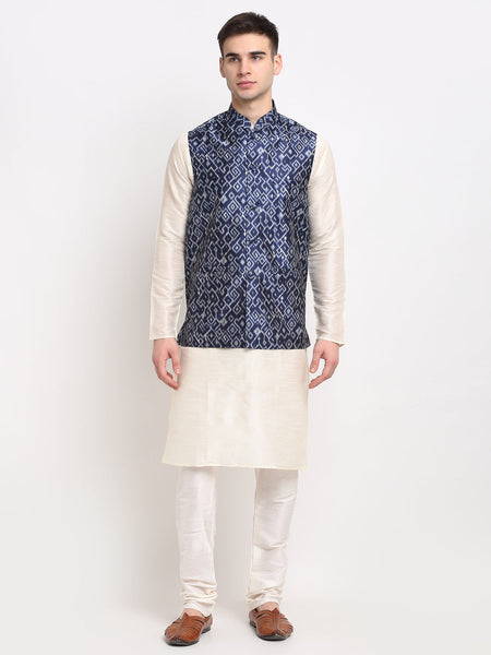 Jompers Men's Off-white Dupion Silk Kurta with Churidar&Nehru Jacket(Blue)