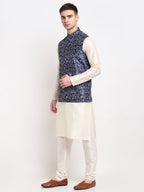 Jompers Men's Off-white Dupion Silk Kurta with Churidar&Nehru Jacket(Blue) - Distacart