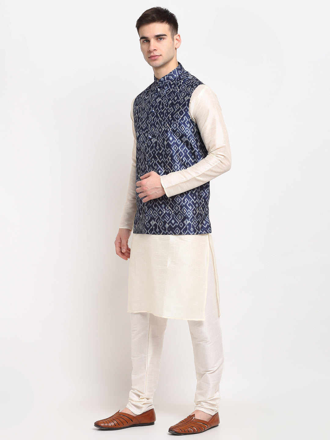 Jompers Men's Off-white Dupion Silk Kurta with Churidar&Nehru Jacket(Blue) - Distacart