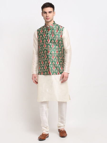 Jompers Men's Off-white Dupion Silk Kurta with Churidar & Nehru Jacket (Green)