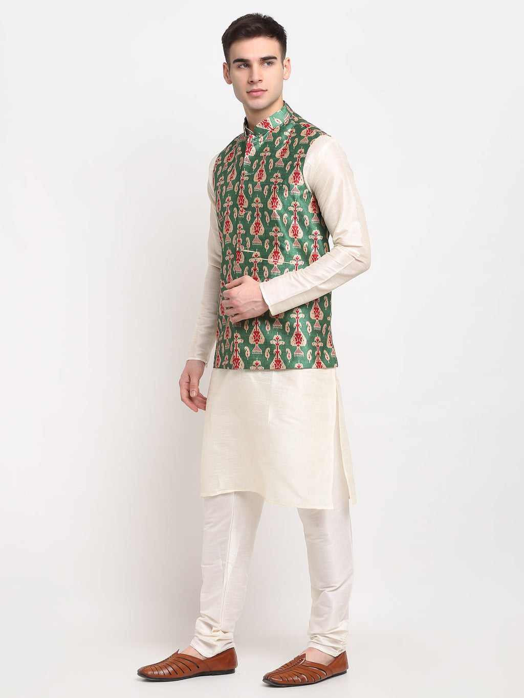 Jompers Men's Off-white Dupion Silk Kurta with Churidar & Nehru Jacket (Green) - Distacart
