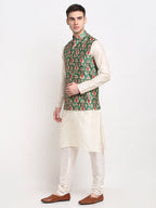 Jompers Men's Off-white Dupion Silk Kurta with Churidar & Nehru Jacket (Green) - Distacart
