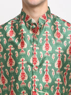 Jompers Men's Off-white Dupion Silk Kurta with Churidar & Nehru Jacket (Green) - Distacart