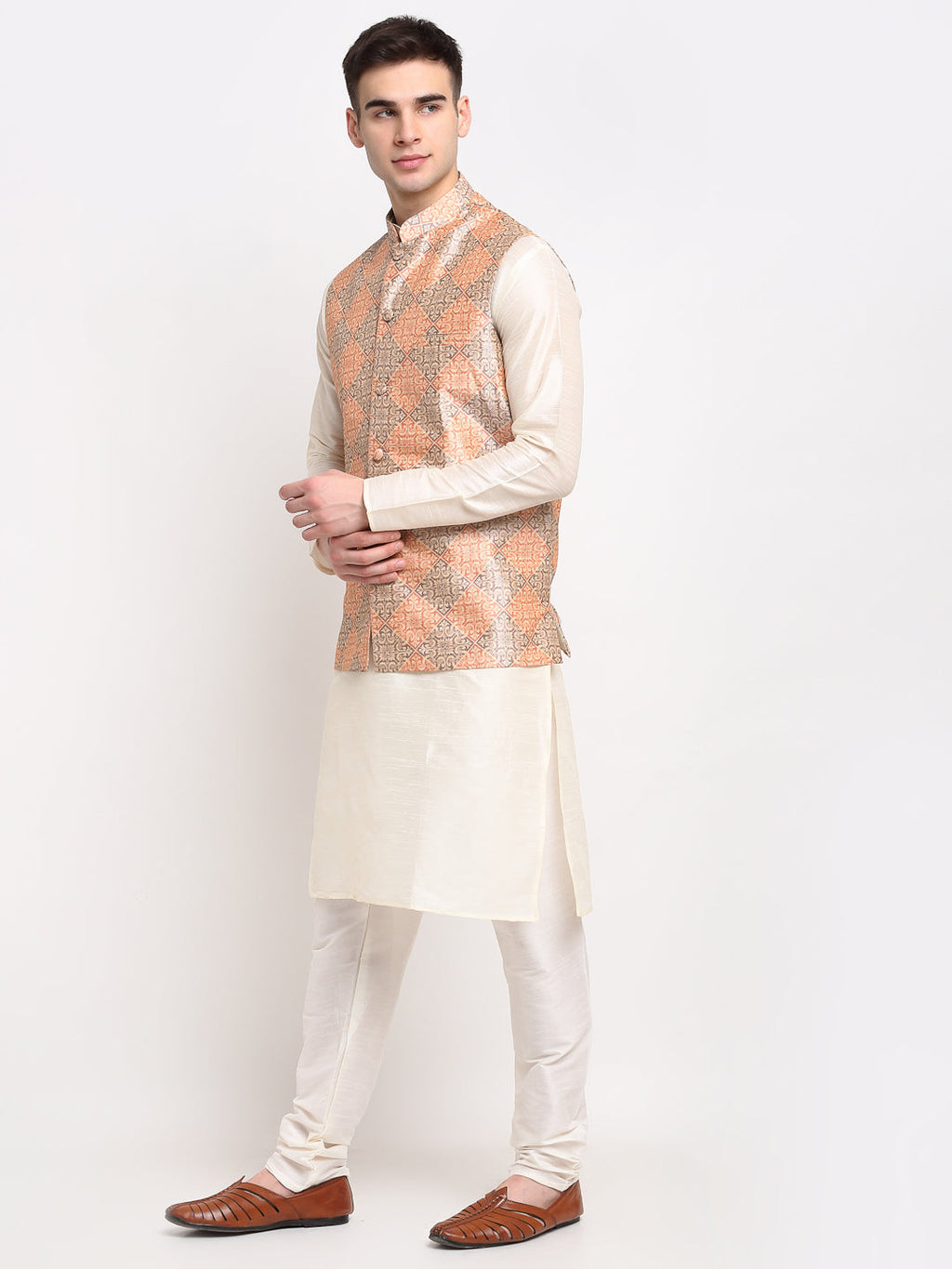 Jompers Men's Off-white Dupion Silk Kurta with Churidar & Nehru Jacket(Peach-Purple) - Distacart